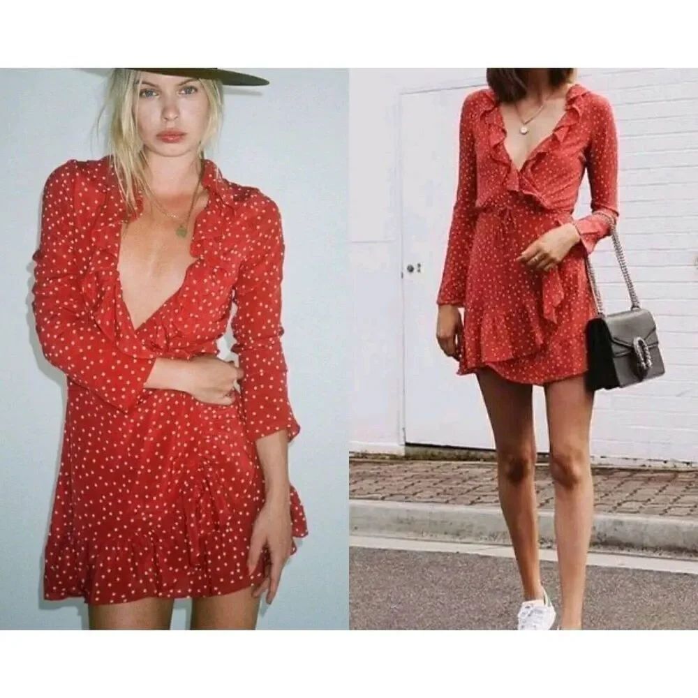 Realisation Par The Alexandra Mini Dress Red Stars 100% SILK Wrap Dress size S